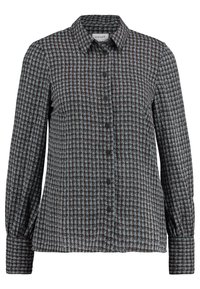 Camicia a maniche lunghe a quadri houndstooth nero e blu, con colletto, chiusura con bottoni e polsini arricciati.