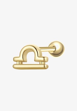 Wandmontierter Toilettenpapierhalter aus gebürstetem Goldmetall mit abgerundetem Bogen-Design und horizontalem Stab zur Rollenaufnahme.