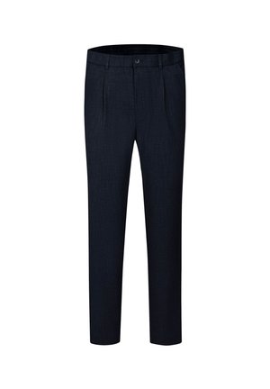 Dunkelblaue Hose aus strukturiertem Stoff, mit vier Taschen und einem Knopfverschluss. Das Design beinhaltet scharfe Falten und eine schmale Passform.