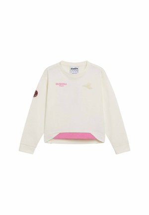 Felpa crema a maniche lunghe con testo rosa "Diadora Team", piccolo logo sul petto e tessuto rosa visibile sull'orlo.