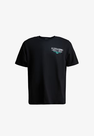Zwarte T-shirt met korte mouwen van katoen. Heeft een logo aan de voorkant in witte en turquoise tekst. Eenvoudig ontwerp met ronde hals en een relaxte pasvorm.