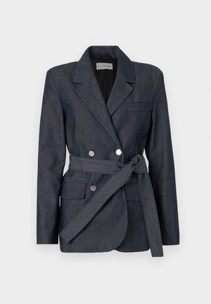 Dark denim blazer with a double-breasted design, notched lapels, two front pockets, and a tied belt. Features silver buttons and a textured finish.