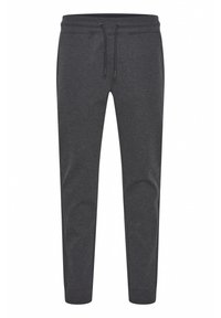 Dark grey joggers made of a soft, stretch fabric. Features an elastic waistband with a drawstring and tapered legs with ribbed cuffs.