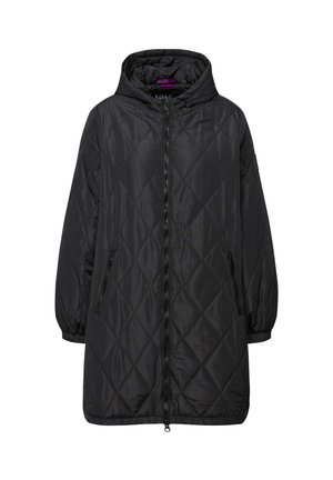 Schwarzer, gesteppter langer Mantel mit Kapuze, ausgestattet mit einem Front-Reißverschluss, elastischen Bündchen und Seitentaschen. Glatte, leichte Stofftextur.