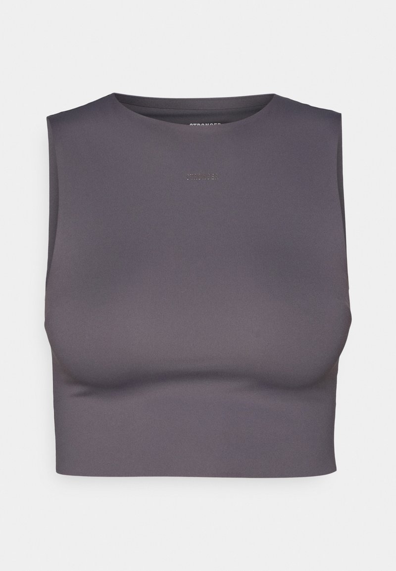 Top corto atlético gris con escote redondeado y diseño sin mangas. Fabricado con una tela suave, con costuras mínimas y un sutil detalle del logo.