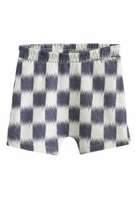 Shorts courts à taille élastique avec un motif à carreaux de carrés irréguliers bleu marine et blanc.