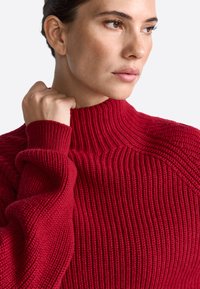 Roter gerippter Strickpullover mit hohem Kragen und langen Ärmeln. Hat einen strukturierten Stoff und eine lockere Passform rund um den Halsausschnitt.