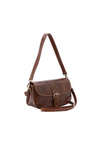 Braune Leder-Schultertasche mit Klappenverschluss, detaillierter Naht und verstellbarem Tragegurt; verfügt über einen dekorativen, blattförmigen Hardware-Akzent.
