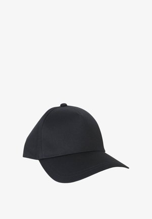 Cappellino da baseball nero realizzato in tessuto liscio, con visiera curvata, dettagli cuciti e corona rotonda con un bottone al centro.