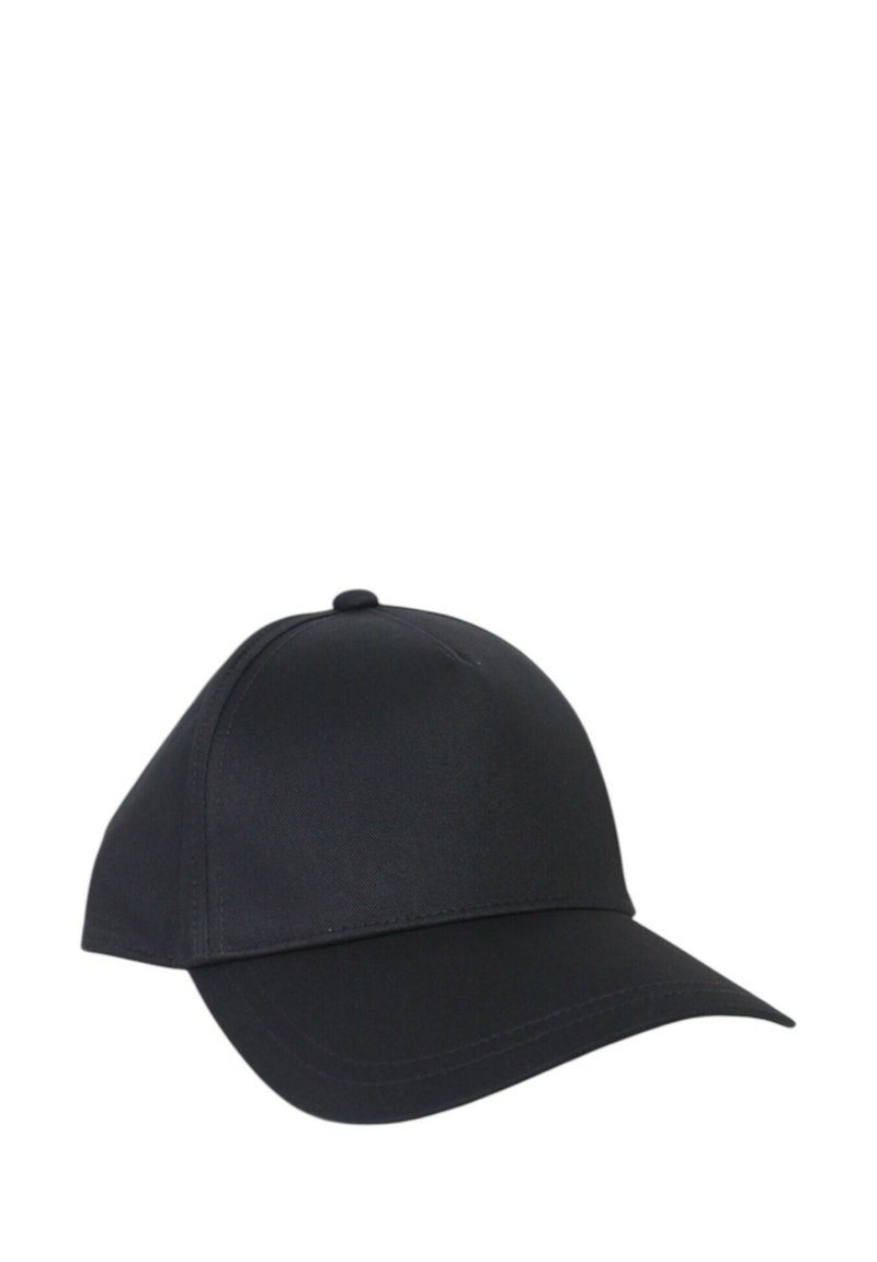 Cappellino da baseball nero realizzato in tessuto liscio, con visiera curvata, dettagli cuciti e corona rotonda con un bottone al centro.