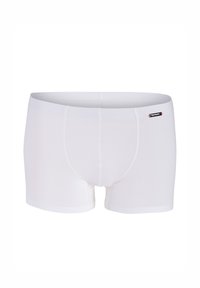 White cotton boxer briefs featuring a fitted design, smooth texture, and a small black and red label on the waistband.