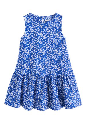 Ärmelloses blaues Kleid mit weißem Gänseblümchenmuster und gerafftem Rockteil am unteren Saum.