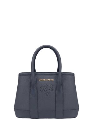 Borsa tote in pelle grigio scuro con due manici, logo dorato Gian Marco Venturi e design traforato a forma di cuore e iniziali sul davanti.