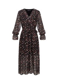 Svart blomstret kjole i lett, gjennomsiktig stoff. Har en dyp V-hals, lange puffermer, belte i midjen og en fløyelskjørt med lagdelt kant.