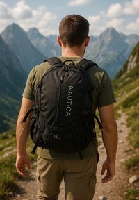 Schwarzer 25L Rucksack mit glatter Textur, mit einem vorderen Reißverschluss und "NAUTICA"-Markierung. Verstellbare Träger und mehrere äußere Taschen.