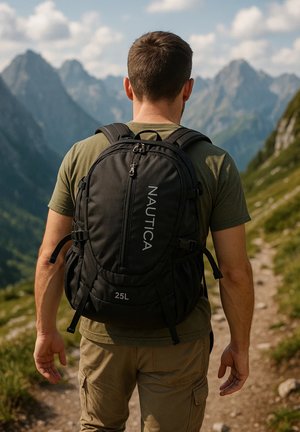 Black 25L backpack with a smooth texture, featuring a front zipper and "NAUTICA" branding. Adjustable straps and multiple exterior pockets.