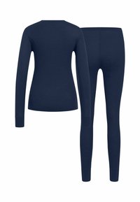 Navy blue long-sleeve top and leggings set made of soft fabric. The top features long sleeves and a round neckline; both have fitted shapes.