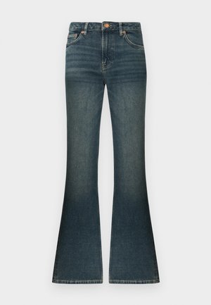 Jeans evazați din denim de culoare albastră închisă, cu o ușoară decolorare, talie standard și un design clasic cu cinci buzunare. Accentele din ton cupru.