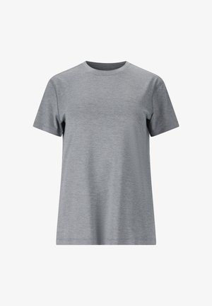 Herre T-shirt med korte ærmer, grå og ensfarvet, rund hals og almindelig pasform på hvid baggrund.
