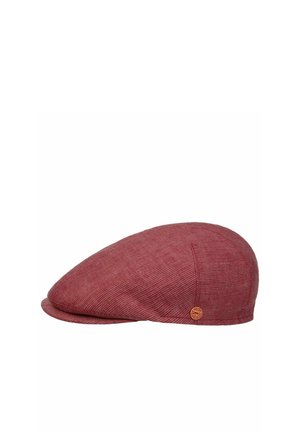 Flat red tweed newsboy cap with small circular brown logo tag near the brim.