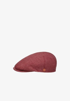 Flat red tweed newsboy cap with small circular brown logo tag near the brim.