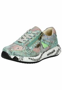 Sneaker multicolore con tomaia texturizzata con motivi floreali, chiusura con zip e una suola intermedia bianca stampata. Suola esterna in gomma nera.