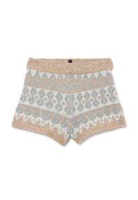 Shorts de punto con un patrón geométrico en beige, gris y blanco, con una cinturilla ancha y un acabado suave y texturizado.