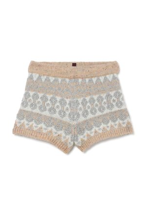 Breien shorts met een beige, grijs en witte geometrische patroon, voorzien van een brede tailleband en een zachte, gestructureerde afwerking.