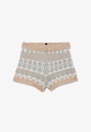 Strick-Shorts mit einem beigen, grauen und weißen geometrischen Muster, einem breiten Taillenbund und einer weichen, strukturierten Oberfläche.