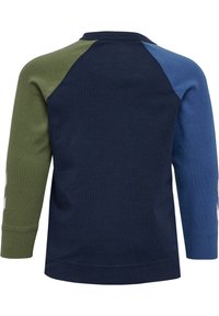 Langärmliges Shirt mit einem marineblauen Körper, grünen und blauen Raglanärmeln sowie einer weichen Textur. Mit Rundhalsausschnitt und gerippten Bündchen.