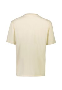 Koszulka z krótkim rękawem z jasnobeżowej tkaniny, okrągły dekolt, regularny krój, gładka faktura, minimalistyczny design, bez widocznych logo i wzorów.