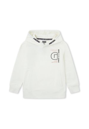 Sudadera blanca con capucha para niños, con bolsillo tipo canguro, texto en negro y rosa, y cordones con la inscripción "NO LIMITS".
