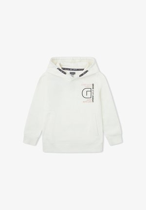 Sudadera blanca con capucha para niños, con bolsillo tipo canguro, texto en negro y rosa, y cordones con la inscripción "NO LIMITS".