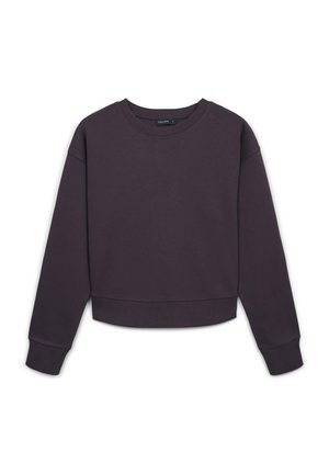 Sweatshirt court violet foncé avec manches longues, un col rond et des poignets et ourlet côtelés. Fabriqué en tissu doux en mélange de coton.