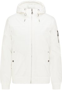 Witte jas met capuchon en ritssluiting, twee voorzakken met drukknopen en een ritssluiting op de mouw. Soepele stof, casual ontwerp.