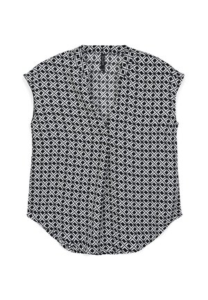 Blusa bianca e nera a maniche corte con motivo geometrico a rombi, colletto a V e orlo leggermente arrotondato.