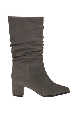 Gray suede ankle boot with ruching detail, square toe, and block heel. Textured surface with smooth finish.
