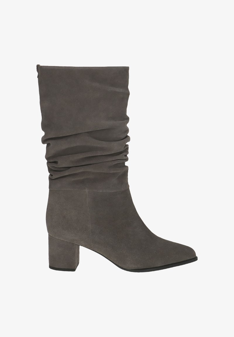 Gray suede ankle boot with ruching detail, square toe, and block heel. Textured surface with smooth finish.