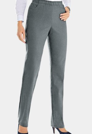 Graue dehnbare Hose mit glatter Textur, ausgestattet mit seitlichen Taschen und einem elastischen Bund. Schmal geschnitten mit geradem Bein.