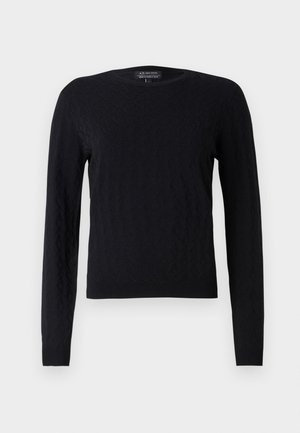 Sort striktrøje med diamantmønster, lange ærmer, runde halsudskæring og ribbede mansjetter og kant. Fremstillet af blødt, tekstureret materiale.