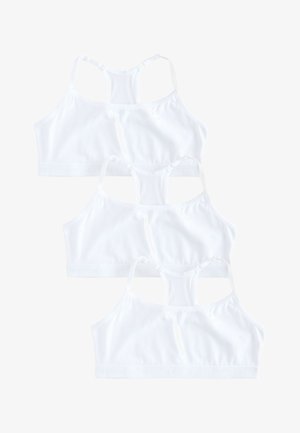 Trije beli športni modrčki z racerback naramnicami za deklice, urejeni navpično na belem ozadju.