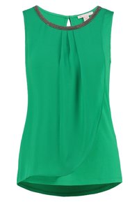 Top sans manches vert avec un col rond, doté d'un accent métallique au niveau du col et d'un détail plissé au centre du dos. Tissu lisse.