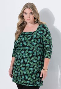 Tunic nera con motivo paisley verde e blu. Presenta maniche lunghe, scollatura quadrata e una vestibilità ampia. Tessuto morbido.