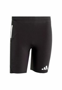 Schwarze Sportshorts aus dehnbarem Material mit einer figurbetonten Passform, flachen Nähten und drei weißen diagonalen Streifen auf einer Seite.