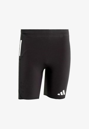 Sorte athletic shorts lavet af strækbart materiale med en tætsiddende design, flade sømme og tre hvide skråstriber på den ene side.