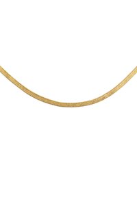 Collar de cadena serpentín de color dorado con un diseño liso y plano. Presenta una superficie flexible y texturizada con extremos redondeados.