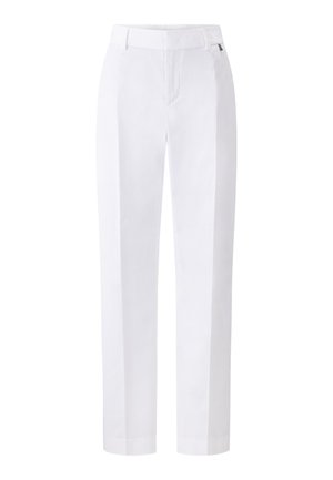 White trousers with a tailored fit, made from smooth fabric. Features a belt loop waistband and a flat front design. No visible patterns.