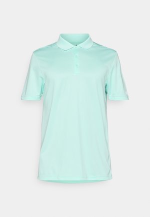 Mintgrünes Poloshirt aus glattem Stoff. Verfügt über einen klassischen Kragen, eine Dreiknopf-Leiste und kurze Ärmel. Schlichte Passform ohne Muster.