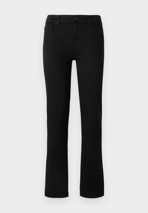 Melnas džinsus bikses ar taisna kāju dizainu, priekšējo pogu aizdari, divām priekšējām kabatām un gludu tekstūru.