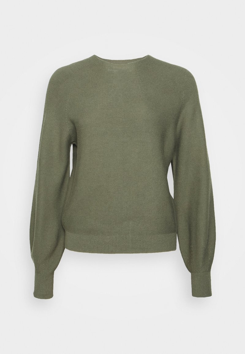 Pull en maille vert olive avec longues manches bouffantes, encolure ronde, poignets et ourlet côtelés, présenté sur un fond uni.